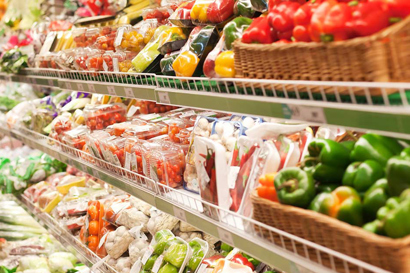 Close up of produce on grocery stores refrigerated shelves