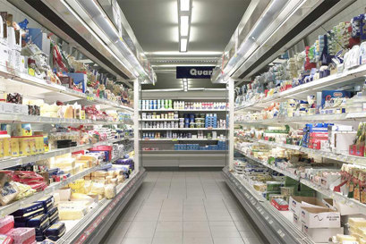 A row of display cases inside a grocery store