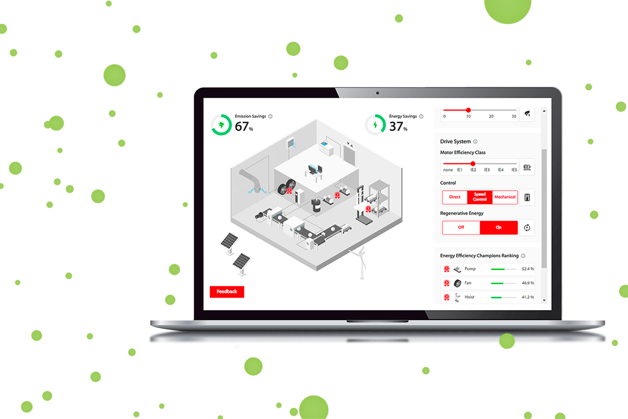 A piggy bank and electricity symbol over a city, symbolizing energy savings in buildings