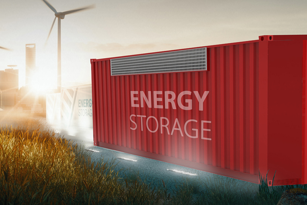 Container zur Energiespeicherung und Windmühlen im Hintergrund