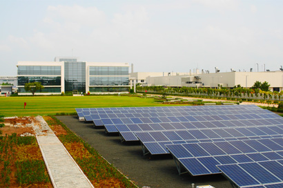 Danfoss Campus, Chennai, India with solar panels in foreground