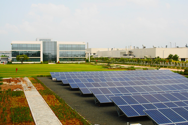 Danfoss Campus, Chennai, India with solar panels in foreground