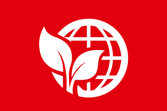 A red box with a white globe icon featuring two leaves sprouting form the bottom left of the globe