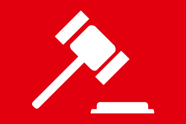 A red box with a white gavel icon