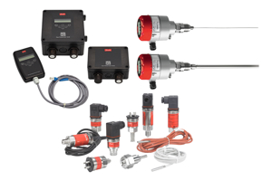 Product group photo of Danfoss' line of sensors and transmitters