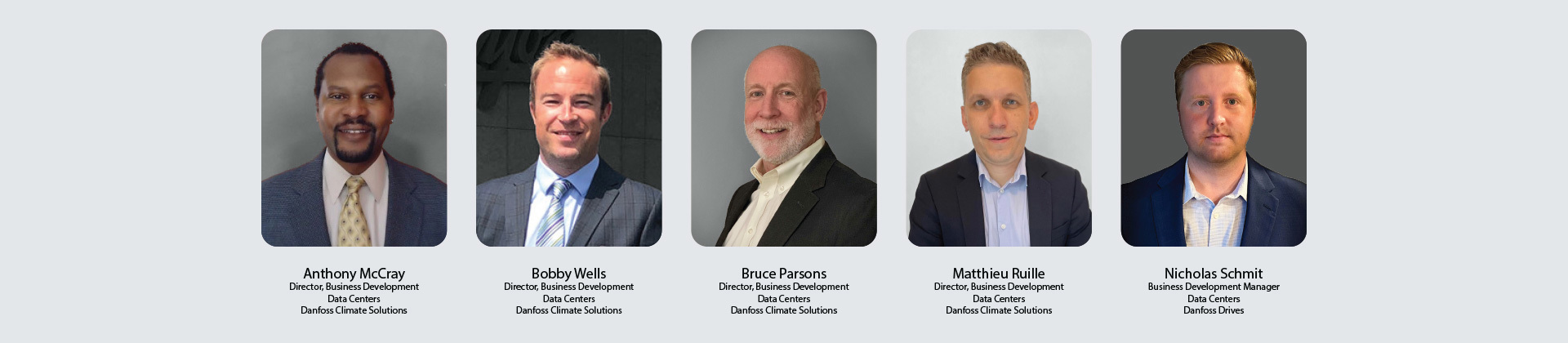 Photos des spécialistes en centres de données Danfoss : Jakob Jul Jensen, Michael Strouboulis, Jesper Therbo, Daniel Wiesenfeller et Lewis Oxley