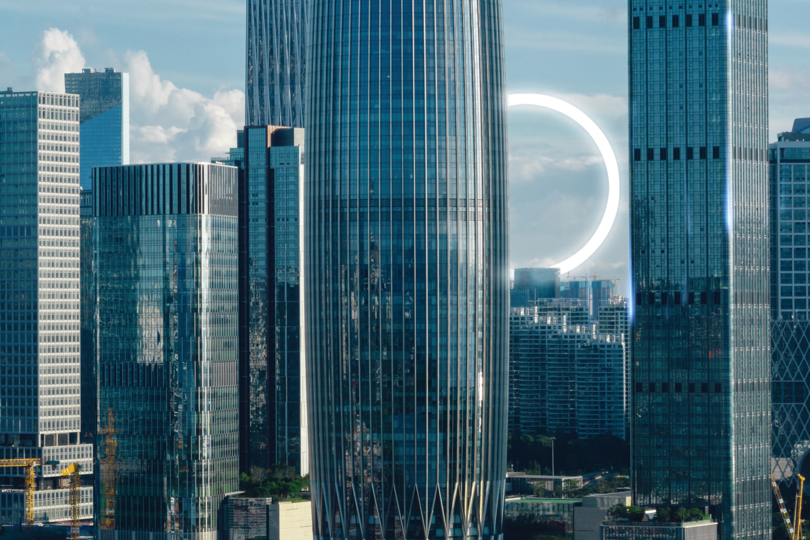 iC7 light ring shown between buildings in a large, growing city
