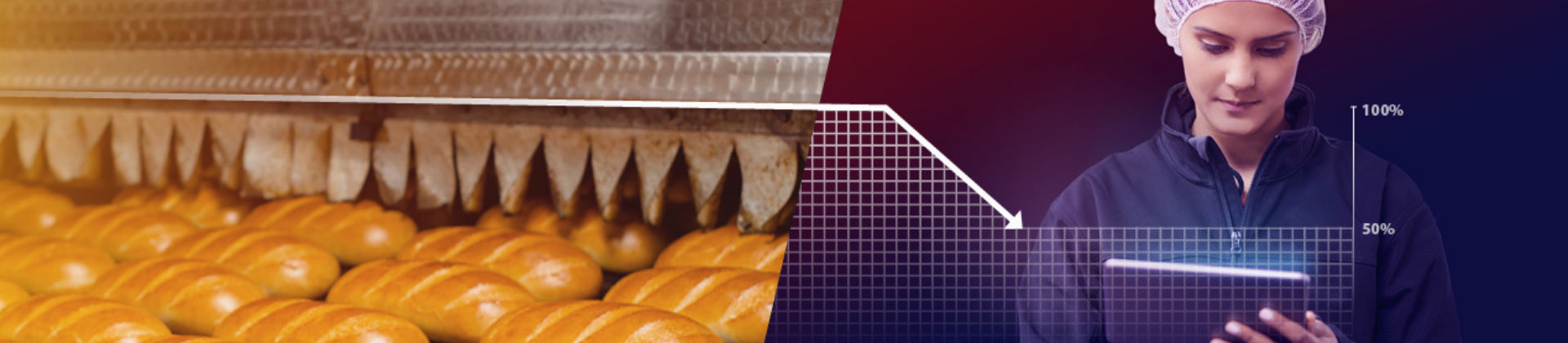 À esquerda, uma linha de cozimento de pão e, à direita, uma mulher com jaleco e touca de cabelo trabalhando em um tablet
