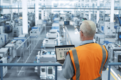 Man in a safety vest looking at his open laptop while standing above a factory floor